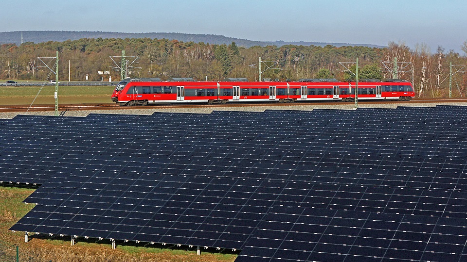 Solar panels along the tracks of Nuremberg S-Bahn in Bavaria