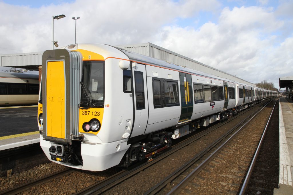 A Class 387 Electrostar train at Three Bridges station.