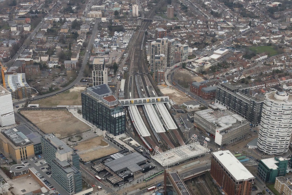 Aerial shot of East Croydon station and the city around