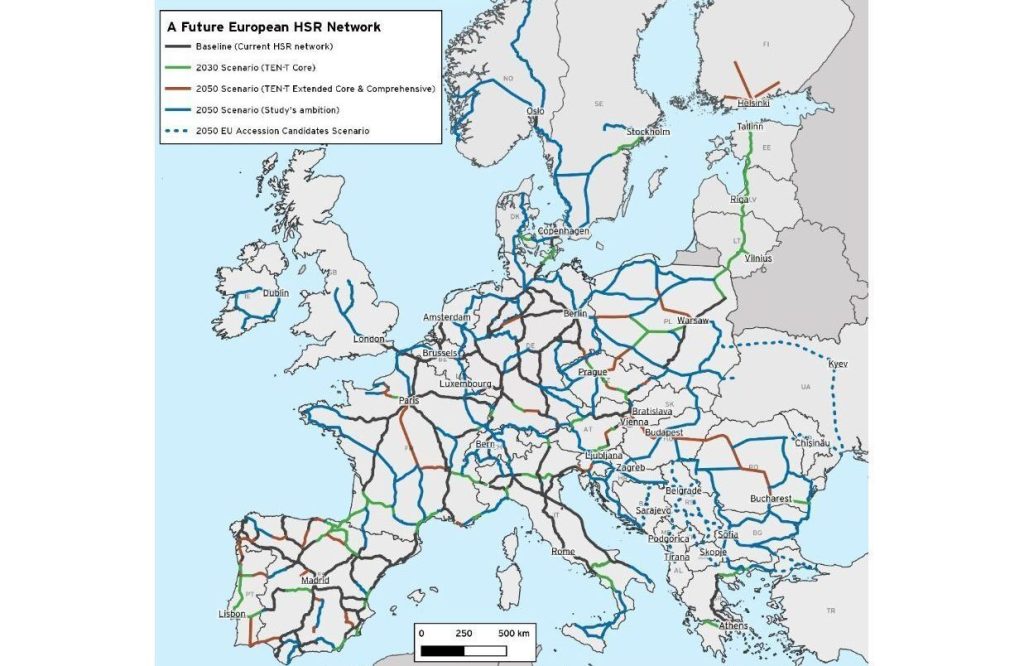 Map of the envisionaged European HSR network