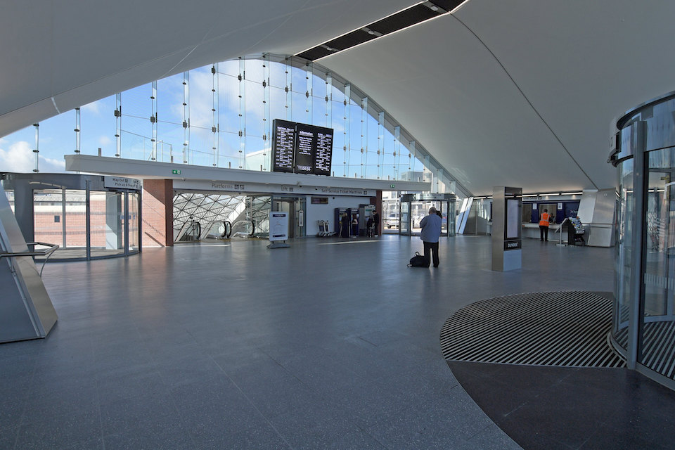 Concourse of Dundee station with one person