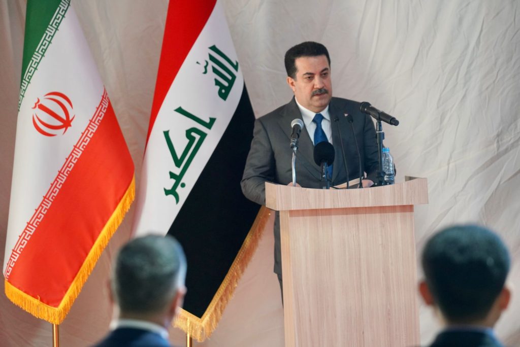 Iraqi Prime Minister Muhammad Shiaa Al-Sudani speeching at the ceremony laying the foundation for the Iraq-Iran railway line